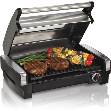 Hamilton Beach Electric Indoor Searing Grill with Removable Plates and Less Smoke, Brushed Metal, with Glass Viewing Window | Model #