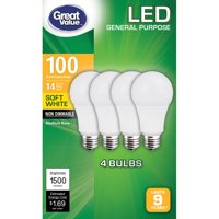 Great Value General Purpose LED Light Bulbs, 14W (100W Equivalent), Soft White, Non Dimmable, 4 Count