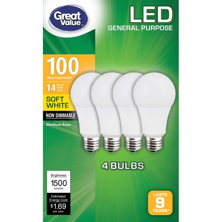 Great Value General Purpose LED Light Bulbs, 14W (100W Equivalent), Soft White, Non Dimmable, 4 (The Best Led Light Bulbs For Vivid Rich Colors)