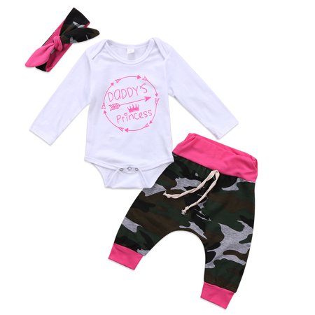Toddler Camouflage - 3Pcs Pink Daddy's Princess Infant Newborn Baby Girl Romper Jumpsuit Bodysuit + Camouflage Long Pants + Headband Clothes Outfit Set 0-6 Months