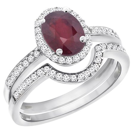 8x6 Oval Ring - 14K White Gold Diamond Natural High Quality Ruby 2-Pc. Engagement Ring Set Oval 8x6 mm, size 6