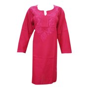 Mogul Womans Tunic Caftan Dress Pink Embroidered Cotton Kurta XXXL