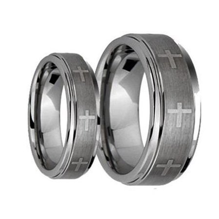 - His & Her's 8MM/6MM Brushed Center With Laser Cross Engraved Shiny Edge Tungsten Carbide Wedding Band Ring Set