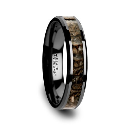 8 Mm Ceramic Ring - SILURIAN Dinosaur Bone Inlaid Black Ceramic Beveled Edged Ring - 4mm & 8mm