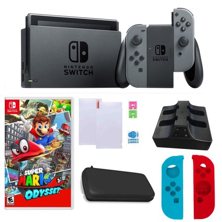 Factory Plug In Bundle - Nintendo Switch in Gray with Mario Odyssey Game and Accessories Bundle