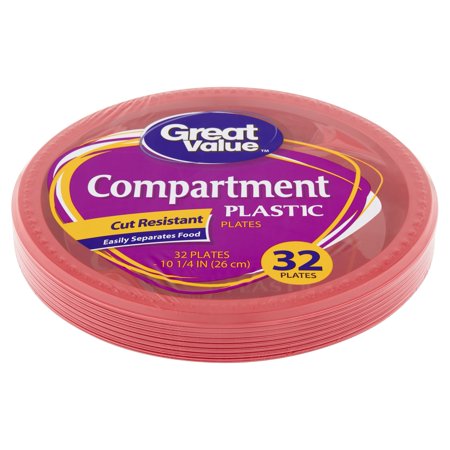 Beaded Edge Dinner Plate - (3 pack) Great Value Red Plastic Compartment Dinner Plates, 10 1/4