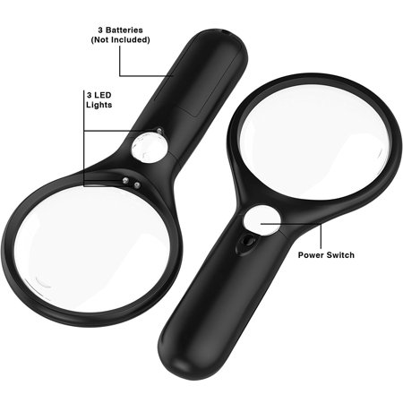 Black Magnifying Glass w/ 3 LED Lights Handheld Magnifier [3x 10x 45x] Best for Reading Maps - Best For Jeweler Watch (Best Glasses For Plus Size)