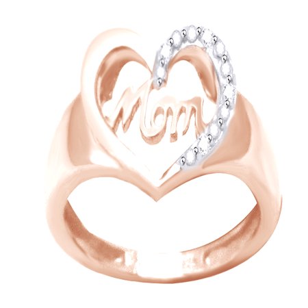 14k Us Marine White Natural Diamond Accent Mom & Heart Ring In 14k Rose Gold Over Sterling Silver (0.02 Cttw) ()