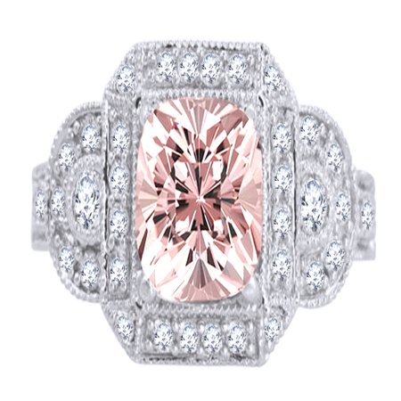 1.5 Ct Princess Cut (1.5 Ct Princess Cut Morganite & White Natural Diamond Vintage Halo Engagement Ring in 10k White Gold Ring Size -)