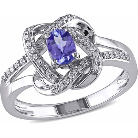 White Gold Diamond Swirl Ring - Tangelo 3/8 Carat T.G.W. Tanzanite and 1/6 Carat T.W. Diamond 10kt White Gold Cocktail Swirl Ring