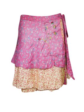 Mogul Women Wrap Skirt 2 Layer Indian Vintage Silk Sari Skirt Beach Wear Reversible Wrap Around Skirts