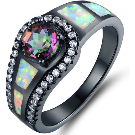 - Mystic Topaz and Lab Created Opal Black Rhodium-Plated Cocktail Ring