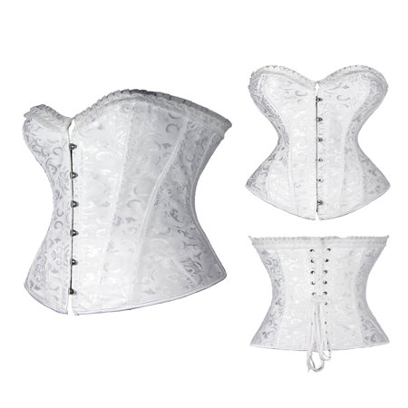 White Sexy Boned Waist Trainer Brocade Corsets Bustiers Embroidery Lace Up Corselet Gothic Plus Size