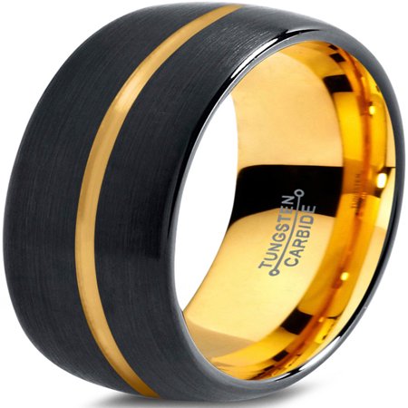 - Tungsten Wedding Band Ring 8mm for Men Women Black & 18K Yellow Gold Plated Center Line Dome Brushed Polished Lifetime Guarantee