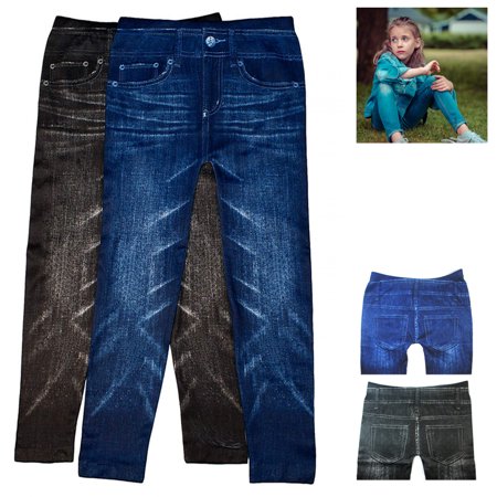 2 Pairs Girls Print Leggings Fashion Stretchy Pants Jeggings Blue Black S/M L/XL