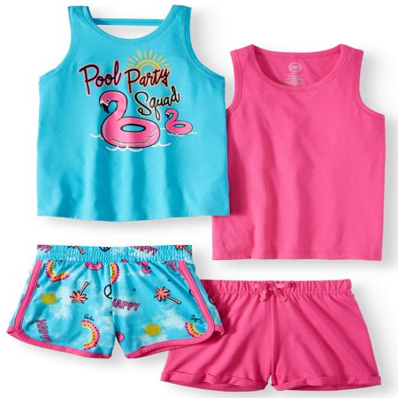 Graphic and Solid Summer Tank Tops and Shorts, 4-Piece Mix & Match Outfit Set (Little Girls & Big Girls)