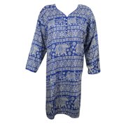 Mogul Women's Long Tunic Blue Printed Rayon Ethnic Indian Hippie Chic Kurti Dress