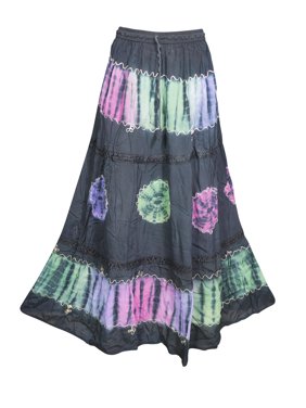 Mogul Womens Tie Dye GEORGETTE Long Skirt A-Line Floral Embroidered Ethnic Summer Style Maxi Skirts