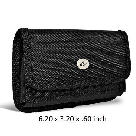 Commuter Cell Phone Case Large Horizontal Rugged Nylon Canvas Carrying Case with Metal Belt Clip & Loop For Essential Phone Devices - (Fits With Otterbox Defender, Commuter, LifeProof Cover On It) ()