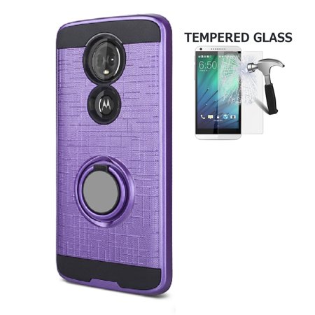 - Phone Case for Motorola Moto E5 Supra, Motorola Moto E5 Plus, Metal Texture Cover Case with Ring Stand + Tempered Glass Screen Protector (Purple)