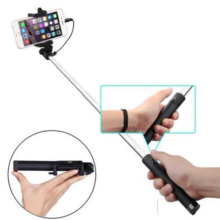 Ultra Compact WIRED Selfie Stick Monopod Remote Shutter Self-Portrait Extendable 2E for iPhone 5 5C 5S 6 Plus 6S Plus SE - Google Pixel XL - HTC 10 - Huawei P9 - LG G5, V10