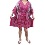 Mogul Women Tunic Beach Kaftan Printed Pink V-Neck Cover Up Kaftan Tops