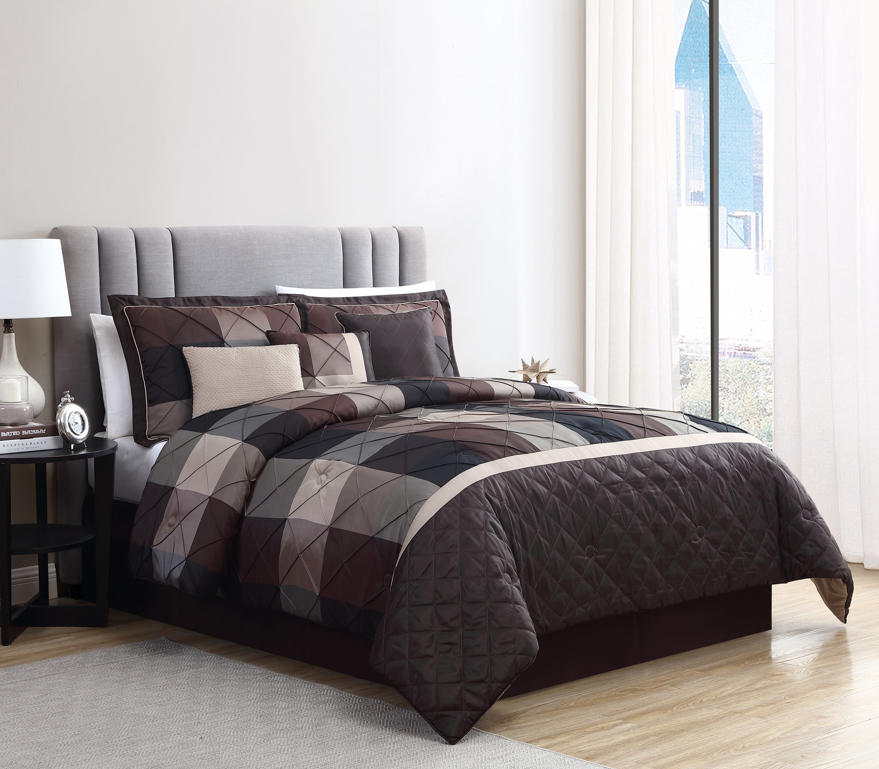 Better Homes & Gardens 7 Piece Elliot Plaid Soft Textured Chocolate Comforter Set, Full/Queen