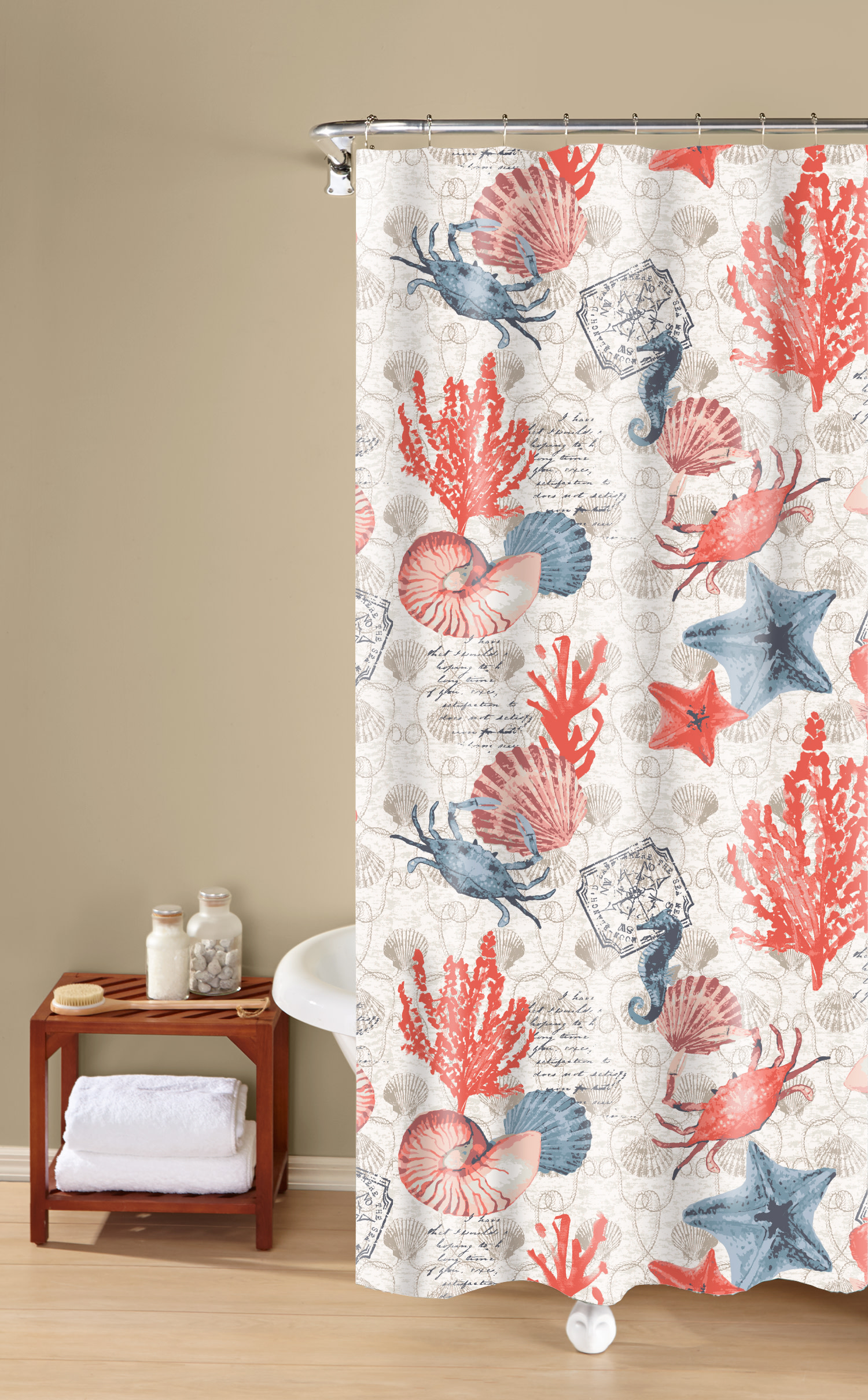 Coastal Fabric Shower Curtain Starfish Seashells Beach Bay Cottage