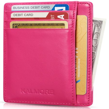 - Credit Card Holder with ID Window RFID Protected Genuine Leather Slim Wallet (Rose)
