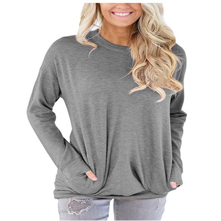 Embroidered Two Pocket Sweatshirt - JustVH Women's Long Sleeve Casual Sweatshirt Pullover Loose Tunic Shirts Blouse Tops With Pocket