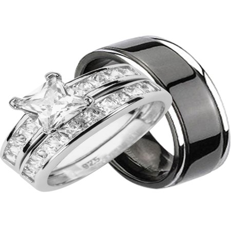 Him Ring Set - His Hers CZ Wedding Ring Set Sterling Silver Black Titanium Bands for Him Her (8/11)
