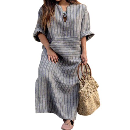 Nicesee Women Long Sleeve Loose Vintage Cotton Linen Dress Plus