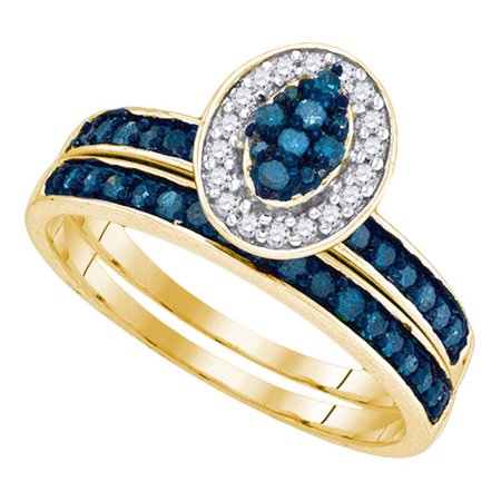 - 10kt Yellow Gold Womens Blue Color Enhanced Diamond Cluster Bridal Wedding Engagement Ring Band Set 1/2 Cttw
