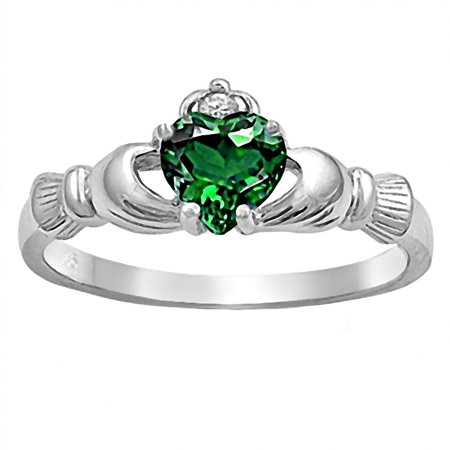 Emerald Claddagh Ring - Brandi: 0.765ct Heart cut Simulated Emerald Claddagh Ring 925 Silver sz 10.5