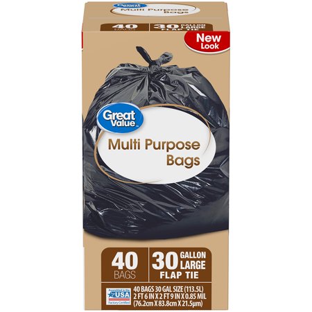 Great Value Large Multi-Purpose Flap Tie Trash Bags, 30 Gallon, 40