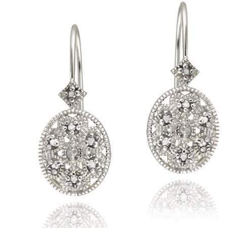 - Diamond Accent Sterling Silver Filigree Oval Leverback Earrings