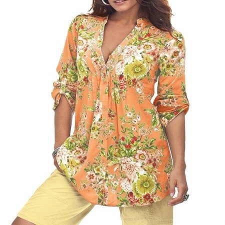 - Vintage Floral Print V-neck Tunic Tops Women's Fashion Plus Size Tops Shirt