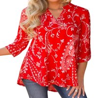 Nlife Women Bohemian 3/4 Sleeve V Neck Floral Print Shirt