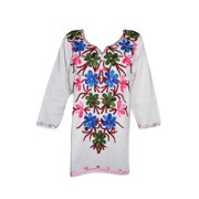 Mogul Women's Tunic Blouse Floral Embroidered Ethnic Indian Long Sleeves Kurti Shirt L