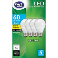 Great Value LED Light Bulbs, 8.5W (60W Equivalent), Soft White, 4-count