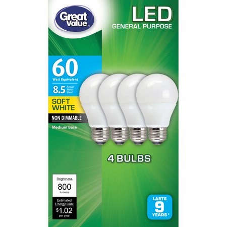 Great Value LED Light Bulb, 8.5W (60W Equivalent), A19 Lamp E26 Medium Base, Non-Dimmable, Soft White, (Best Value Light Bulbs)