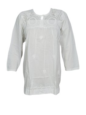 Mogul Women's Tunic Blouse Top Cotton White Floral Embroidered Beach Kurti Kurta S