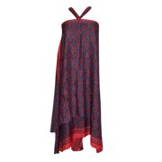 Mogul Women Magic Wrap Skirt Blue Floral Print Premium Silk Sari Two Layer Reversible Sarong Dress