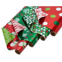 American Greetings Red and Green Reversible Foil Christmas Wrapping Paper, (4 Pack, 120 sq. ft.)