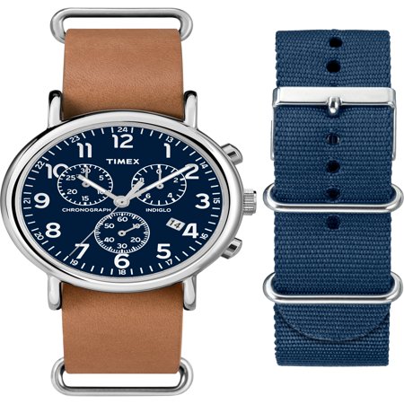 - Timex Unisex Weekender Chronograph Watch Gift Set, Brown Leather Strap + Extra Navy Nylon Strap