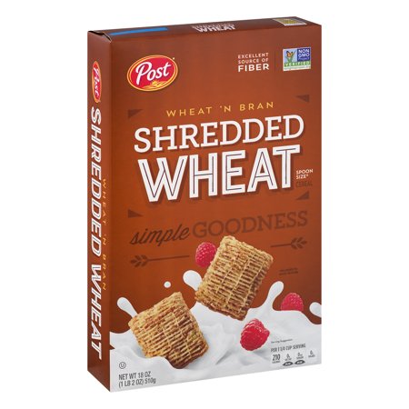 Post Shredded Wheat Breakfast Cereal, Wheat & Bran, 18