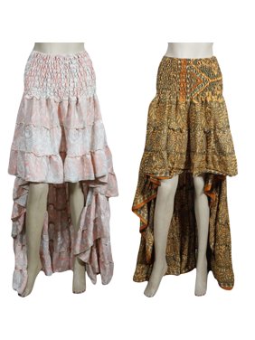Mogul Womens Hippy Chic Hi Low Skirt Recycled Sari Printed Free Falling Flirty Fairy Twirling Ruffle Skirts S/M