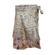 Mogul Women Magic Wrap Around Skirt Reversible Beige Printed Silk Sari Two Layer Mini Skirts