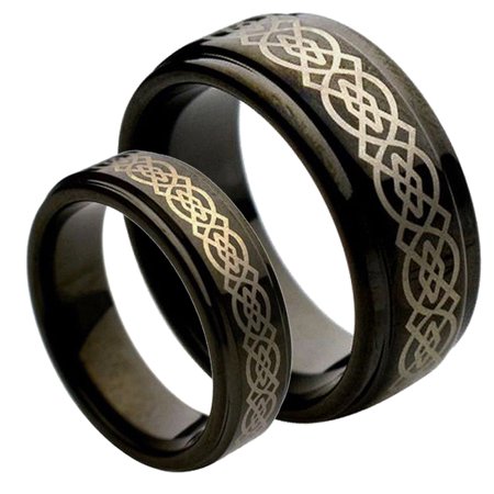 Diamond Set Celtic Ring - His & Her's 8MM & 6MM Black Tungsten Carbide Wedding Band Ring Set w/Laser Etched Celtic Design