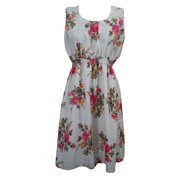 Mogul Womens Summer Dress Floral Print White Polyester Hippie Chic Boho Dresses